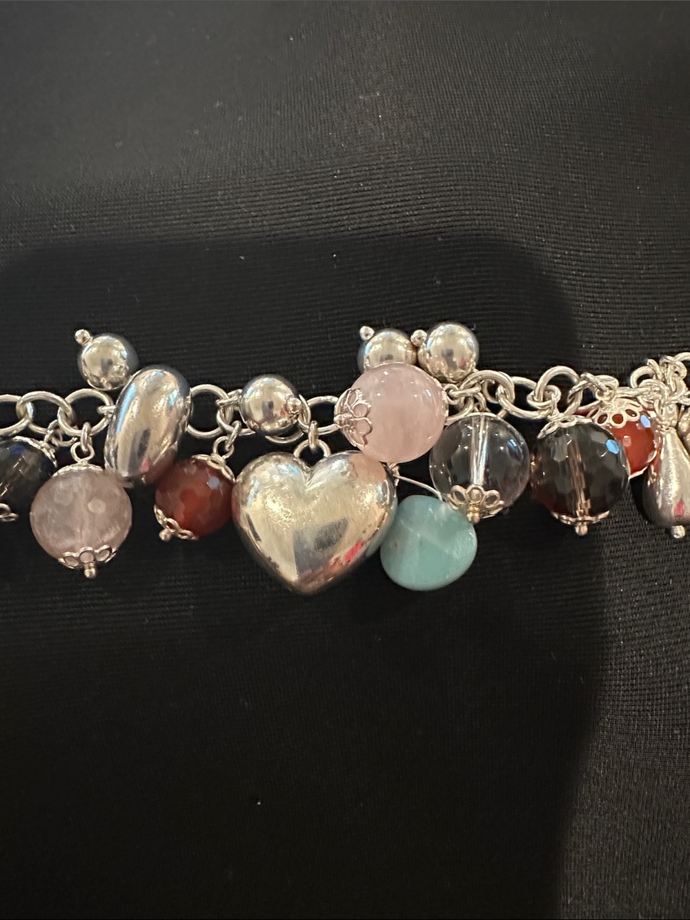 (925) Sterling Silver Heart Charm Bracelet with Multicolor Gem Beads